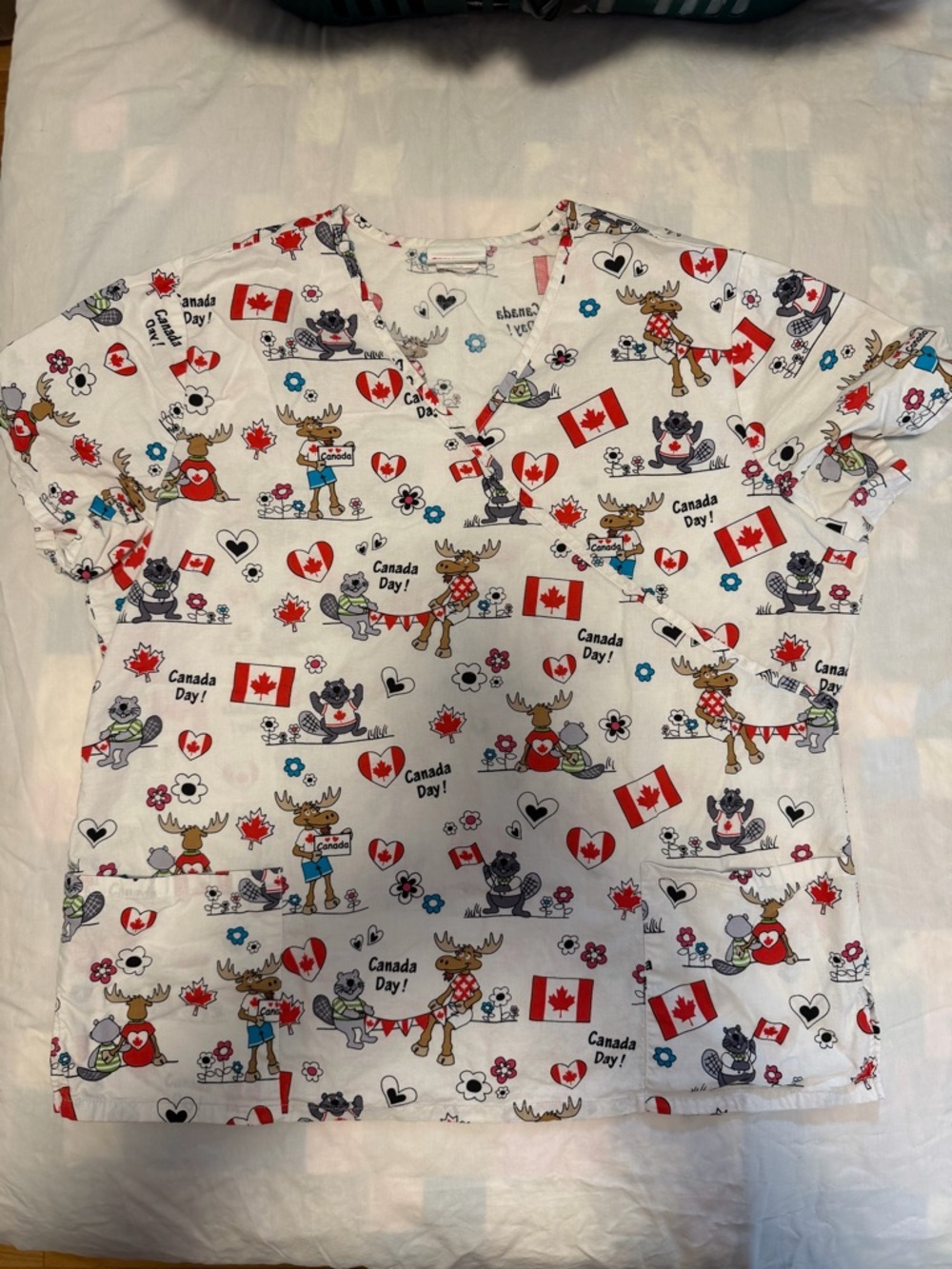 Scrubstar White Scrub Top with Pink Logo and Red Accents